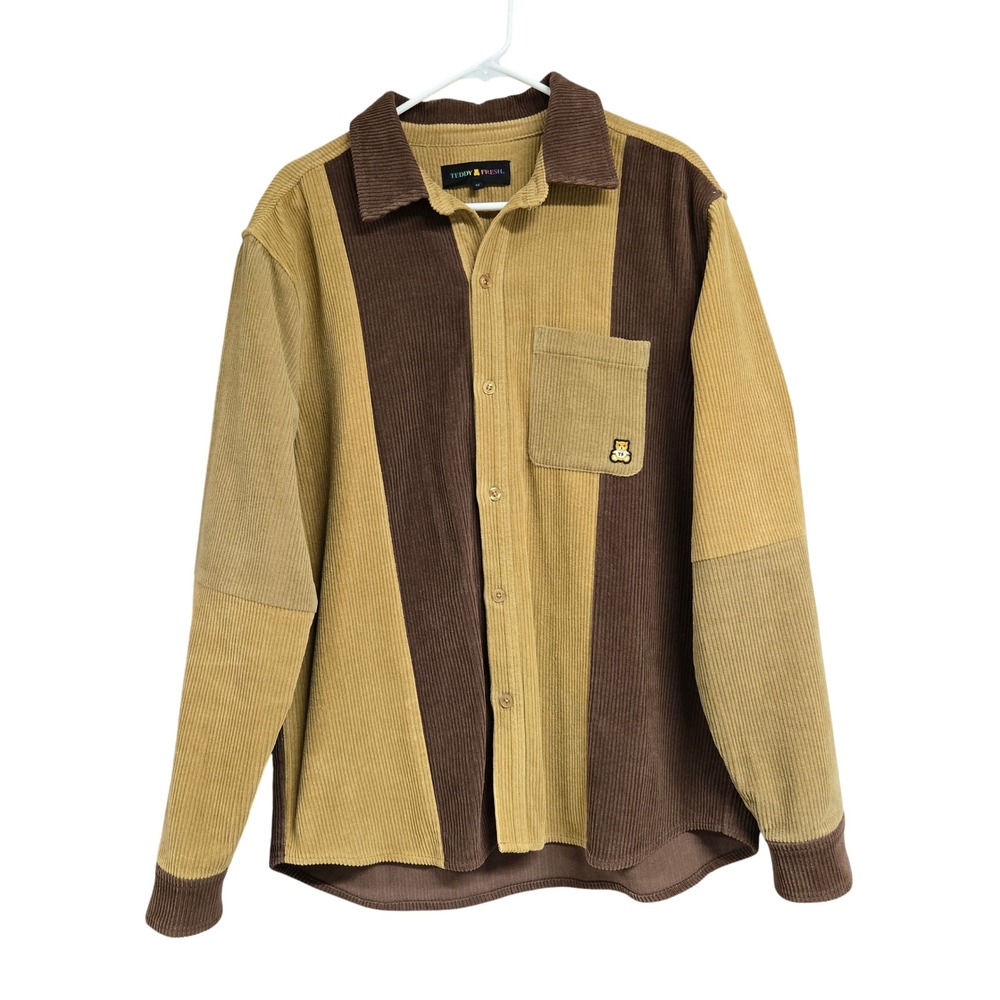 Teddy Fresh Colorblock Corduroy Button Down Shirt Brown Tan Men's Size M